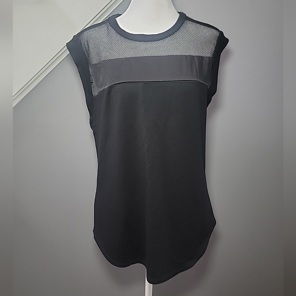 REBECCA TAYLOR Size S Black Mesh Edgy Sleeveless Top Silk Trim Zipper Accents